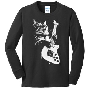 Rock Cat Playing Guitar Funny Guitar Cat Kids Long Sleeve Shirt