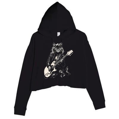 Rock Cat Playing Guitar Cat Funny Guitar Cat Kitty Crop Fleece Hoodie