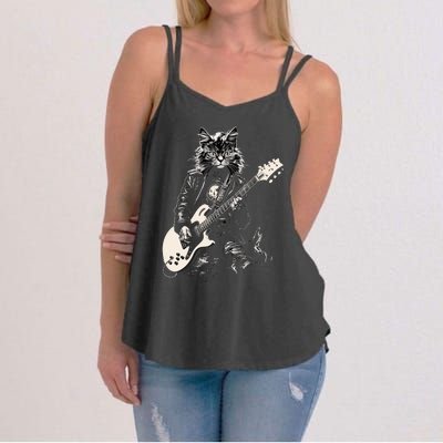 Rock Cat Playing Guitar Cat Funny Guitar Cat Kitty Women's Strappy Tank