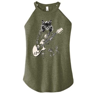 Rock Cat Playing Guitar Cat Funny Guitar Cat Kitty Women’s Perfect Tri Rocker Tank