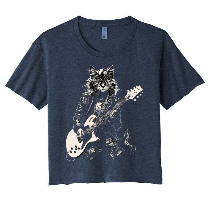 Rock Cat Playing Guitar Cat Funny Guitar Cat Kitty Women's Crop Top Tee