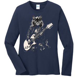 Rock Cat Playing Guitar Cat Funny Guitar Cat Kitty Ladies Long Sleeve Shirt