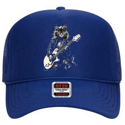 Rock Cat Playing Guitar Cat Funny Guitar Cat Kitty High Crown Mesh Back Trucker Hat