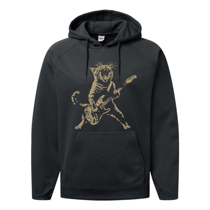 Rock Cat Playing Guitar Funny Guitar Cat Performance Fleece Hoodie