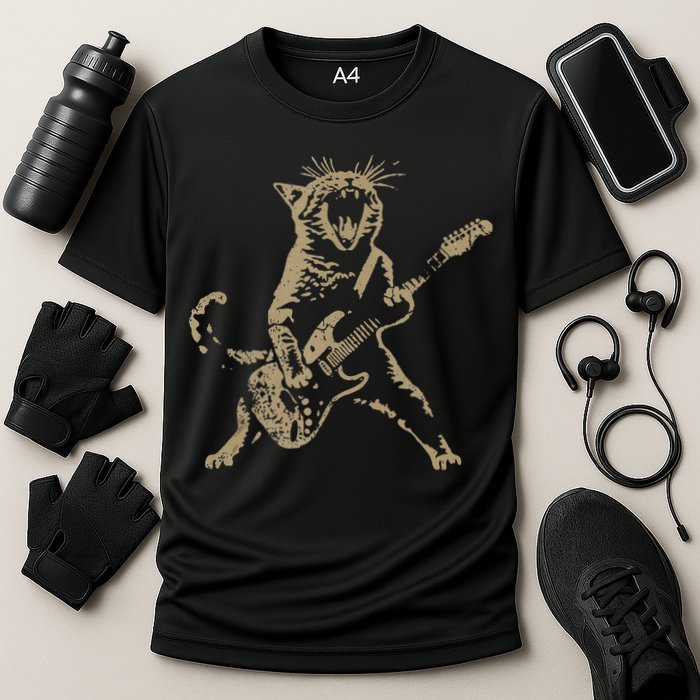 Rock Cat Playing Guitar Funny Guitar Cat Cooling Performance Crew T-Shirt