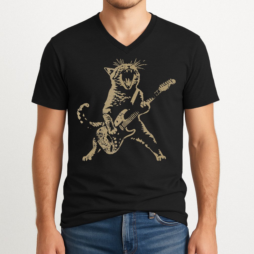 Rock Cat Playing Guitar Funny Guitar Cat V-Neck T-Shirt
