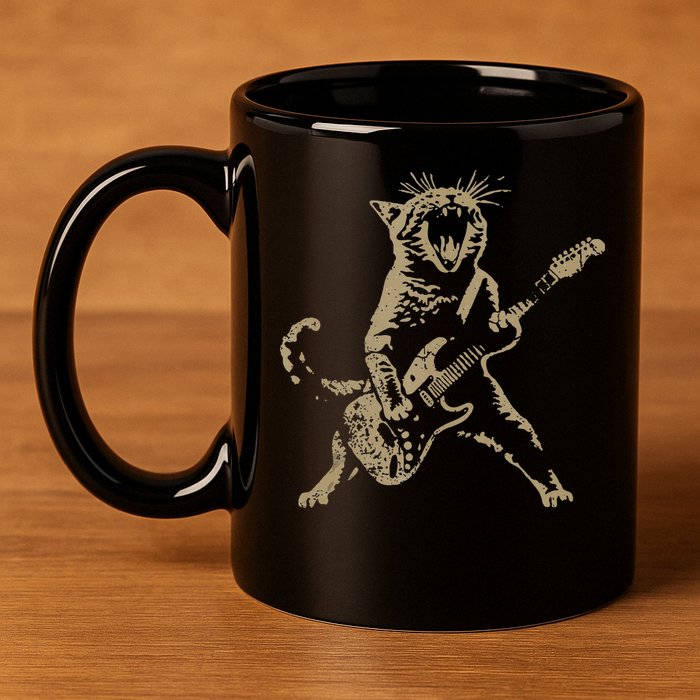 Rock Cat Playing Guitar Funny Guitar Cat 11oz C Handle Ceramic Mug