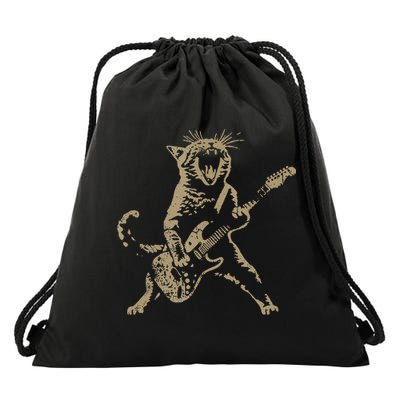 Rock Cat Playing Guitar Funny Guitar Cat Drawstring Bag