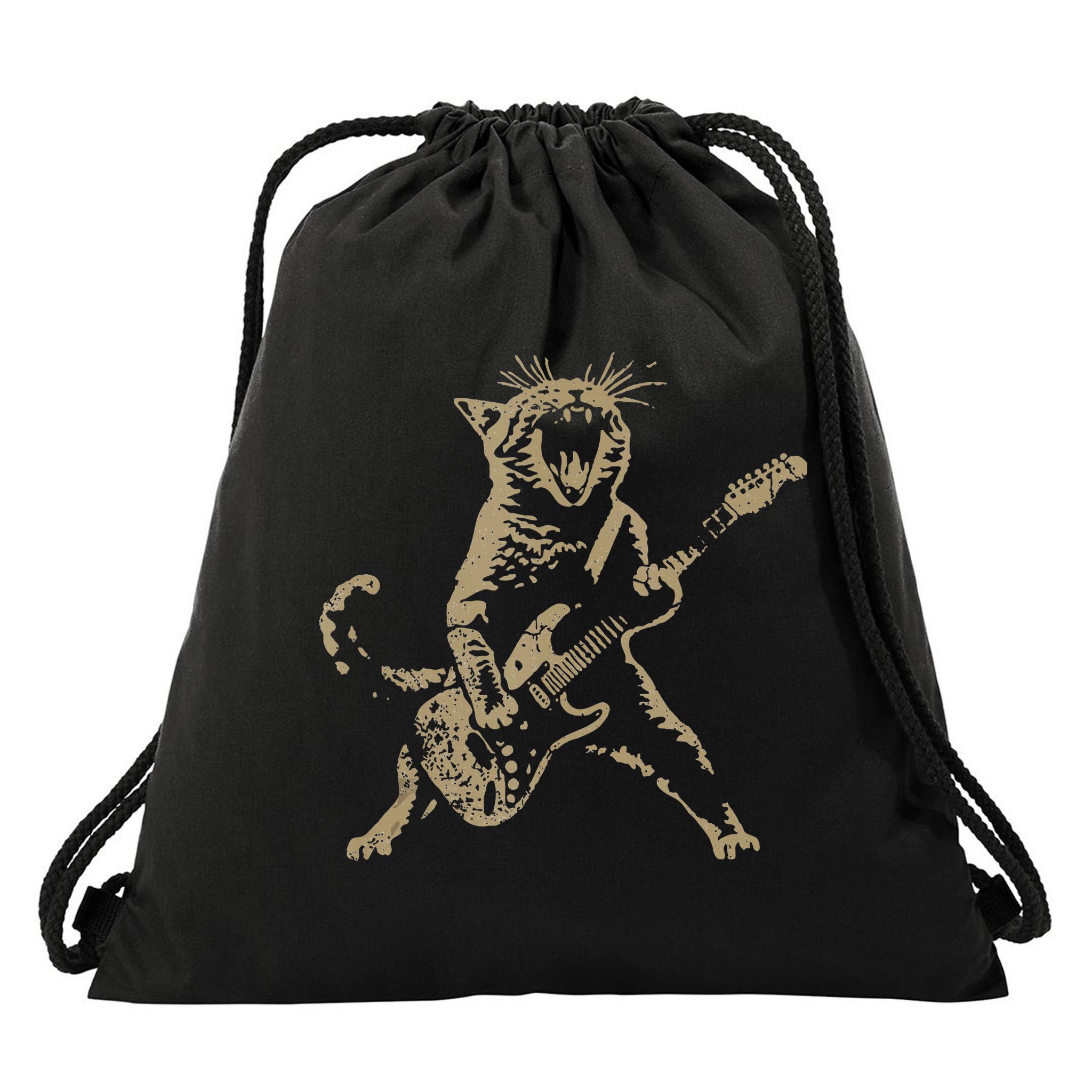 Rock Cat Playing Guitar Funny Guitar Cat Drawstring Bag