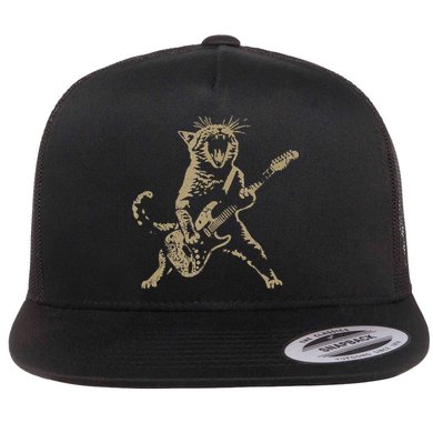 Rock Cat Playing Guitar Funny Guitar Cat Flat Bill Trucker Hat