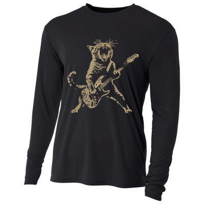Rock Cat Playing Guitar Funny Guitar Cat Cooling Performance Long Sleeve Crew