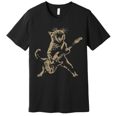 Rock Cat Playing Guitar Funny Guitar Cat Premium T-Shirt