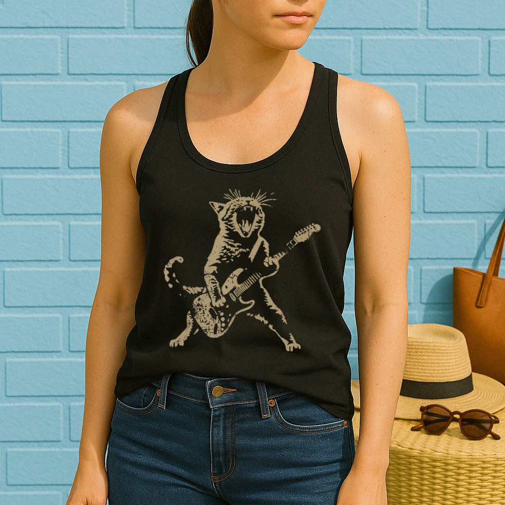 Rock Cat Playing Guitar Funny Guitar Cat Womens Tank Top