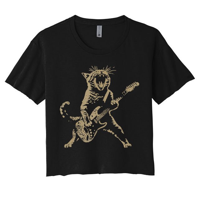 Rock Cat Playing Guitar Funny Guitar Cat Women's Crop Top Tee