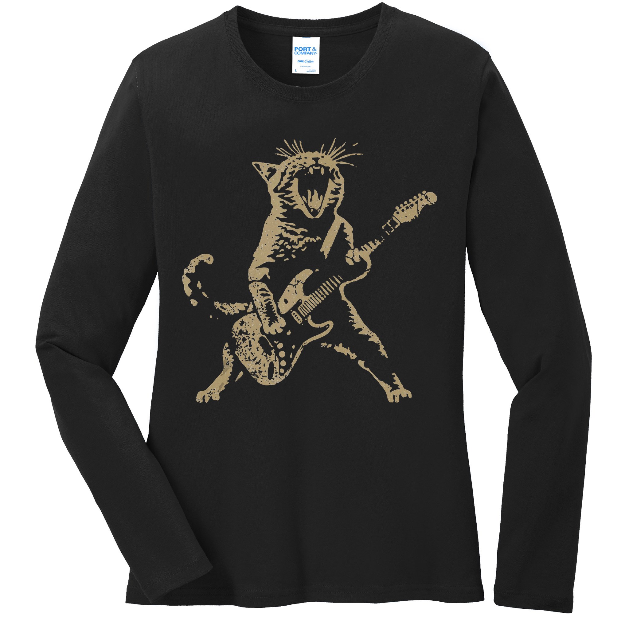 Rock Cat Playing Guitar Funny Guitar Cat Ladies Long Sleeve Shirt