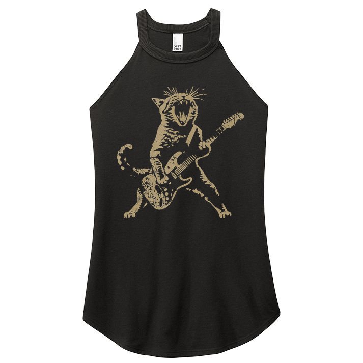 Rock Cat Playing Guitar Funny Guitar Cat Women's Perfect Tri Rocker Tank