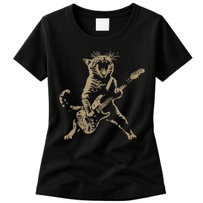 Rock Cat Playing Guitar Funny Guitar Cat Womens T-Shirt