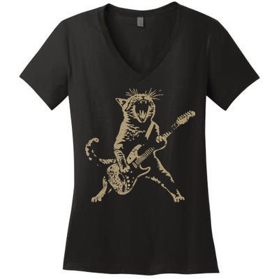 Rock Cat Playing Guitar Funny Guitar Cat Women's V-Neck T-Shirt