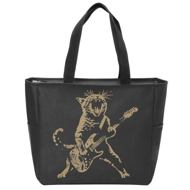 Rock Cat Playing Guitar Funny Guitar Cat Zip Tote Bag