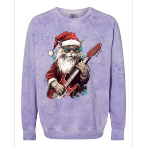 Rock Cat Playing Guitar Funny Christmas Santa Claus Gift Colorblast Crewneck Sweatshirt