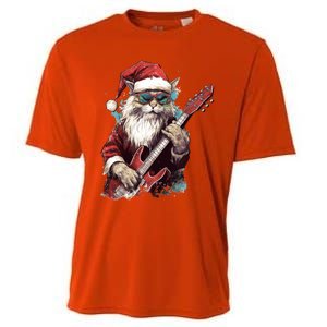 Rock Cat Playing Guitar Funny Christmas Santa Claus Gift Cooling Performance Crew T-Shirt