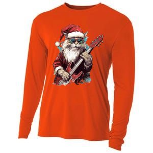 Rock Cat Playing Guitar Funny Christmas Santa Claus Gift Cooling Performance Long Sleeve Crew