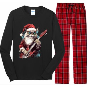 Rock Cat Playing Guitar Funny Christmas Santa Claus Gift Long Sleeve Pajama Set