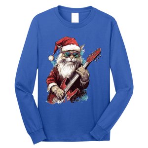 Rock Cat Playing Guitar Funny Christmas Santa Claus Gift Long Sleeve Shirt