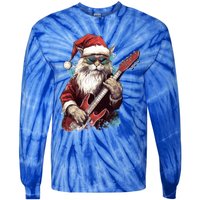 Rock Cat Playing Guitar Funny Christmas Santa Claus Gift Tie-Dye Long Sleeve Shirt