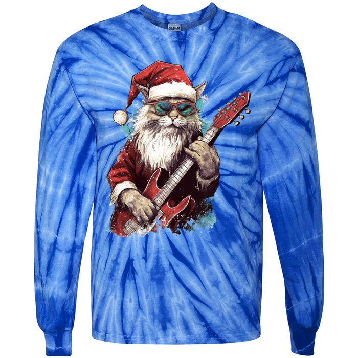 Rock Cat Playing Guitar Funny Christmas Santa Claus Gift Tie-Dye Long Sleeve Shirt