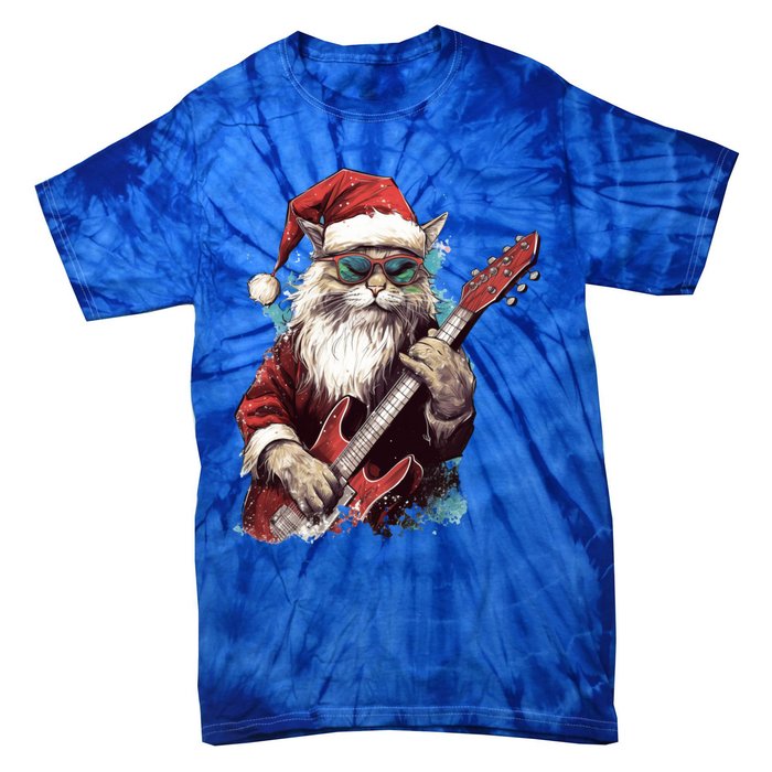 Rock Cat Playing Guitar Funny Christmas Santa Claus Gift Tie-Dye T-Shirt