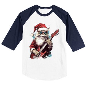 Rock Cat Playing Guitar Funny Christmas Santa Claus Gift Baseball Sleeve Shirt