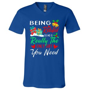 Retro Christmas Pajama Family Squad Xmas Being Related To Me Cute Gift V-Neck T-Shirt