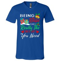 Retro Christmas Pajama Family Squad Xmas Being Related To Me Cute Gift V-Neck T-Shirt