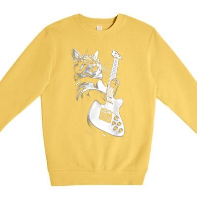 Rock Cat Playing Guitar Funny Guitar Cat Guitarist Premium Crewneck Sweatshirt