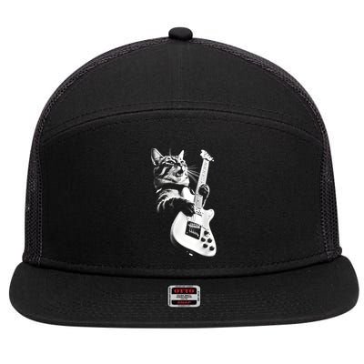 Rock Cat Playing Guitar Funny Guitar Cat Guitarist 7 Panel Mesh Trucker Snapback Hat