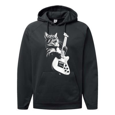 Rock Cat Playing Guitar Funny Guitar Cat Guitarist Performance Fleece Hoodie