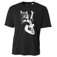 Rock Cat Playing Guitar Funny Guitar Cat Guitarist Cooling Performance Crew T-Shirt