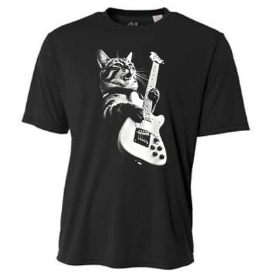 Rock Cat Playing Guitar Funny Guitar Cat Guitarist Cooling Performance Crew T-Shirt