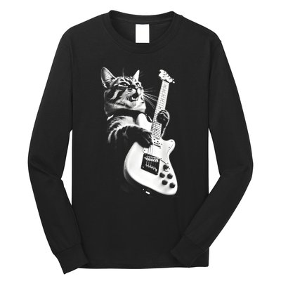 Rock Cat Playing Guitar Funny Guitar Cat Guitarist Long Sleeve Shirt