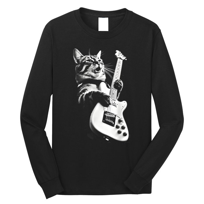 Rock Cat Playing Guitar Funny Guitar Cat Guitarist Long Sleeve Shirt