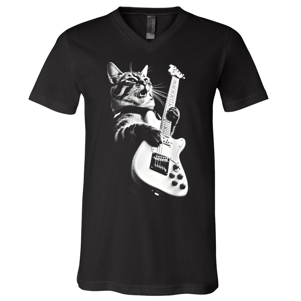 Rock Cat Playing Guitar Funny Guitar Cat Guitarist V-Neck T-Shirt