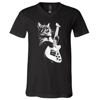 Rock Cat Playing Guitar Funny Guitar Cat Guitarist V-Neck T-Shirt