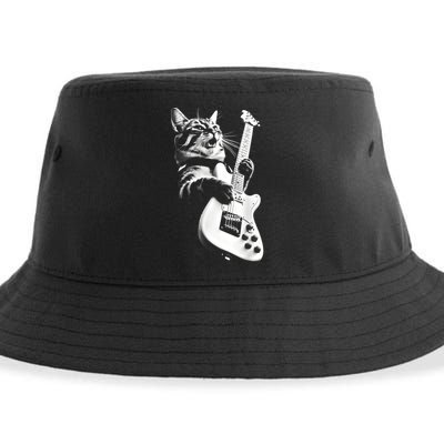 Rock Cat Playing Guitar Funny Guitar Cat Guitarist Sustainable Bucket Hat