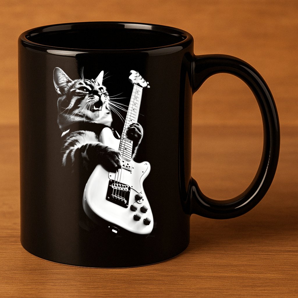 Rock Cat Playing Guitar Funny Guitar Cat Guitarist 11oz C Handle Ceramic Mug