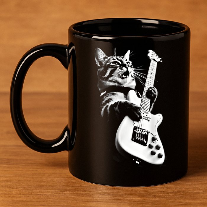 Rock Cat Playing Guitar Funny Guitar Cat Guitarist 11oz C Handle Ceramic Mug