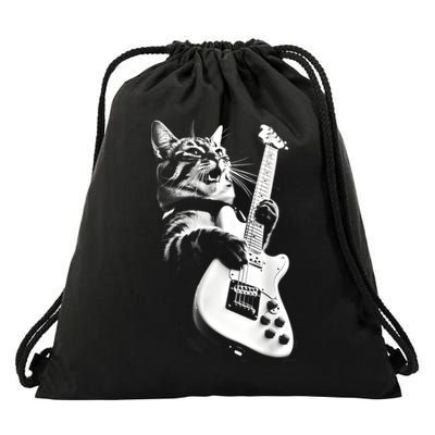 Rock Cat Playing Guitar Funny Guitar Cat Guitarist Drawstring Bag