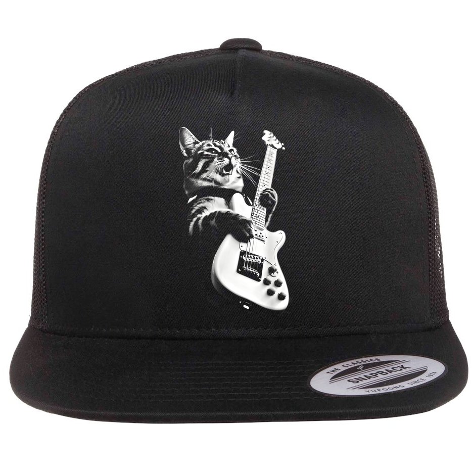 Rock Cat Playing Guitar Funny Guitar Cat Guitarist Flat Bill Trucker Hat
