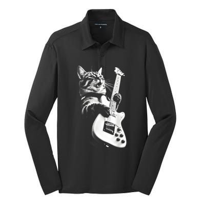 Rock Cat Playing Guitar Funny Guitar Cat Guitarist Silk Touch Performance Long Sleeve Polo