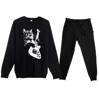 Rock Cat Playing Guitar Funny Guitar Cat Guitarist Premium Crewneck Sweatsuit Set